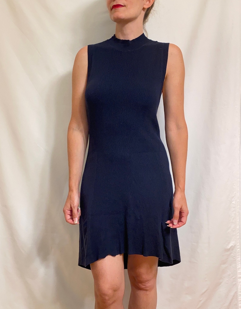 Ribbed Cotton Navy Mock Turtleneck Hi-Lo Bodycon Midi Dress