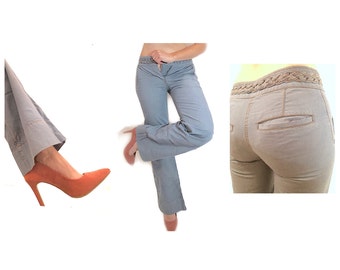 Vintage Blue Wide Leg Flares with Thickly Sewn Braided Detail at Waistband