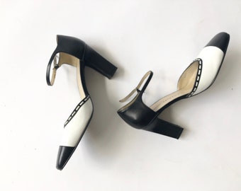 Pin-up Rockabilly '80s-does-'50s Black Tipped White Striped Mary Jane Chunky Dance Heels, US 7.5, Vintage CHARLES JOURDAN