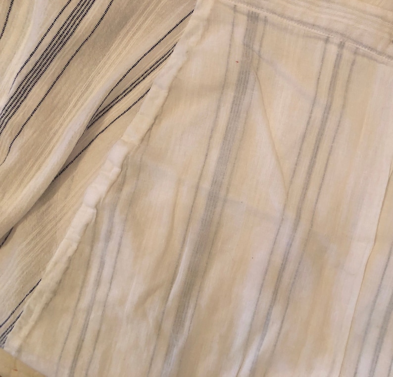 MELODY Rising-Scoop-Hemmed White Linen Mid-Calf-Length Lined Wrap Skirt with Blue Varying-Width Micro Stripes