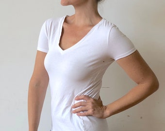 Stretchy Cotton White V-Neck Tee