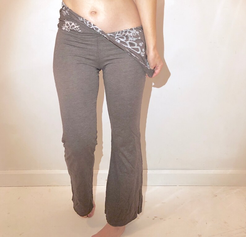 Floral Print Fold-Over Cozy Lightweight Heather Gray-Brown Yoga Dance Pants