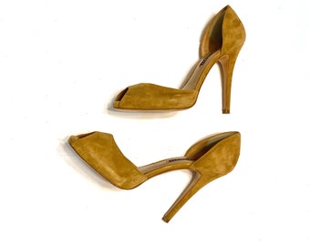 Camel Brown Suede Leather Ultra-High-Heeled Peep-Toe Pumps, RALPH LAUREN COLLECTION, Size 9.5