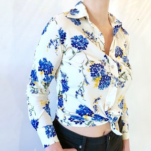 1970s Polyester Button-up Blouse, White with Floral Print