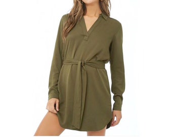 Simple Collared Belted Shirt Dress, Short / Mini with Long Sleeves, Dark Forrest Army Green