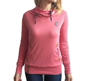 FREYA Pink Cowl Neck Hoodie with Front Pockets and Tan Suede Detail