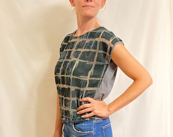 Dark Green Velvet & Sheer Block Stitch Print Box Tee w/ Dolman Sleeves
