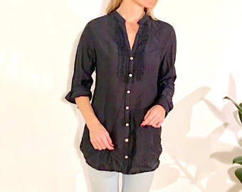 Navy Blue / Black Longline Button-Up Semi-Sheer Blouse with Ruffle Detail