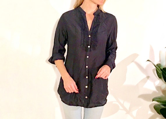 Navy Blue / Black Longline Button-Up Semi-Sheer B… - image 1