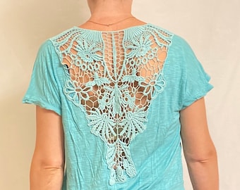 Mint Teal Blue Cropped Top w/ Lace Detailed Open Back