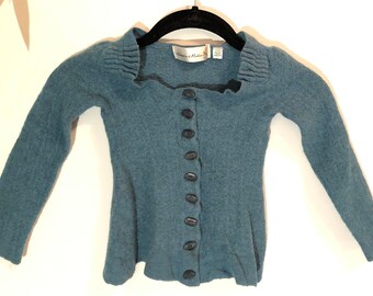 Toddler's Organic Teal Blue-Green Merino Wool Cardigan Sweater with Ruche Pleat Stitching at Shoulders and Flared Waist Hem