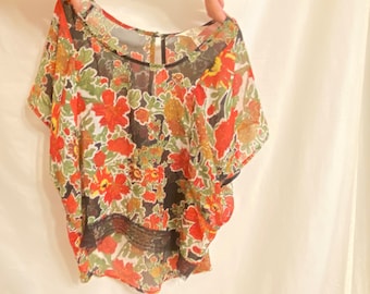Sheer Black Red Floral Print Lace Trimmed Hi-Low Dolman Short Sleeved Oversized Box Blouse