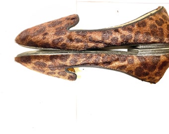 Faux Leopard Print Animal Fur Penny Loafer Cut Flats / Slides, Size 8