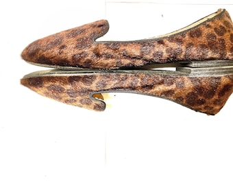 Faux Leopard Print Animal Fur Penny Loafer Cut Flats / Slides, Size 8