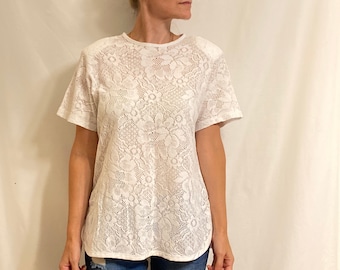 White Lace Short Sleeve Tunic Blouse w/Shoulder Pads