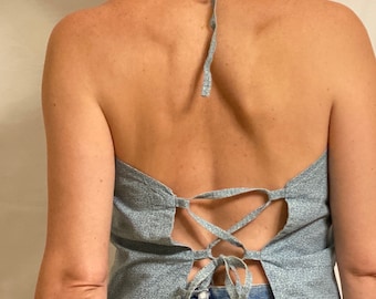 Versatile String-Tied Handmade Hippie Top, Blue Micro-Patterned Fabric, 1960s