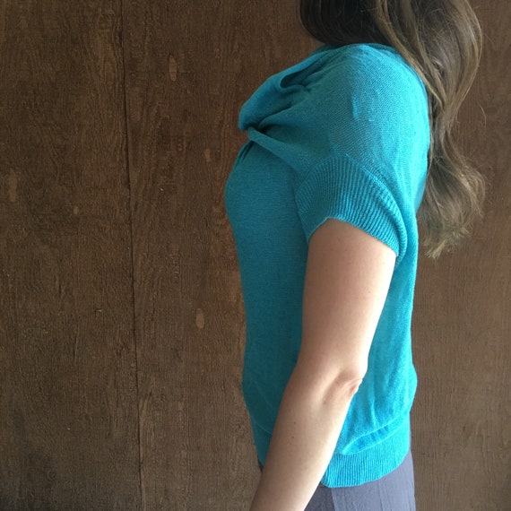 Teal Blue Blouson Cowl Neck Short Sleeved Knit Sw… - image 9