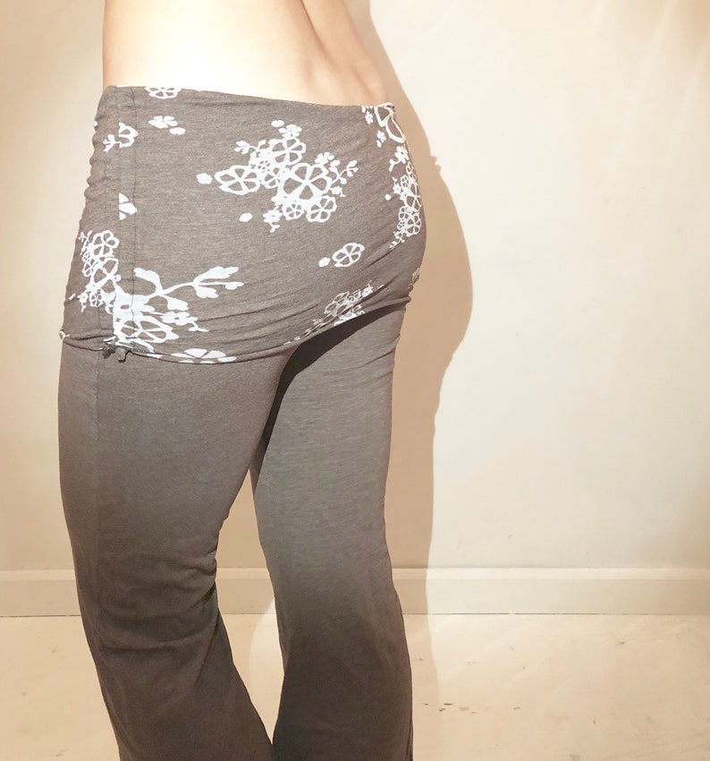 Floral Print Fold-Over Cozy Lightweight Heather Gray-Brown Yoga Dance Pants
