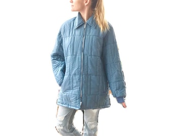 Dicke Fleece-gefüttert gesteppte Vintage blau Mantel mit Wingtip Kragen und Gerippung-Stoff Manschetten