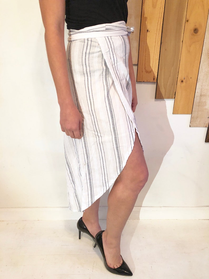 MELODY Rising-Scoop-Hemmed White Linen Mid-Calf-Length Lined Wrap Skirt with Blue Varying-Width Micro Stripes