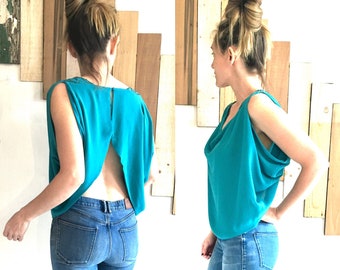 Teal Blue Draping Open Back Cowl Front Dolman Sleeve Cropped Blouse w/ Beaded Detail at Shoulders