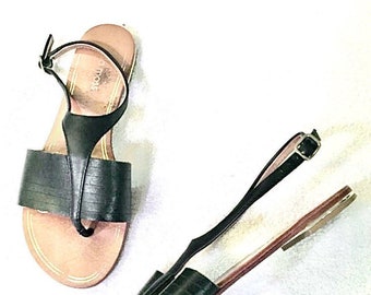 Black Leather Sandals, T-Strap Slingback Slides w/ Gold Metallic Band in Flat Heel, Size 8 / 38