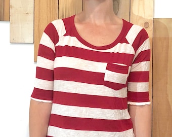 Classic Nautical Wide-Stripe Red and White Half-Sleeve Pocket Tee, Comfy Worn-in Jersey Cotton