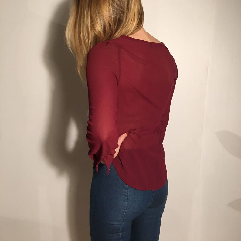 BLAIRE Wine Red Sheer Blouse with Plunging Zipper-Led V-Neck