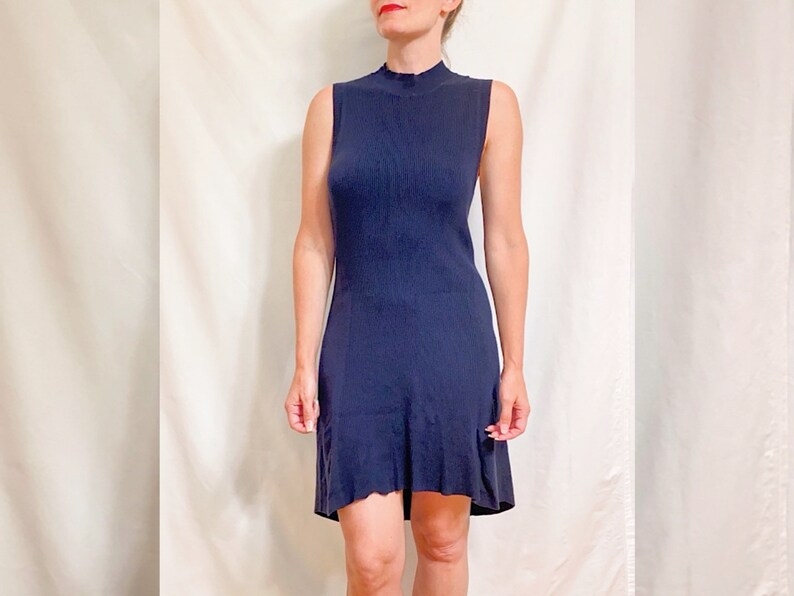 Ribbed Cotton Navy Mock Turtleneck Hi-Lo Bodycon Midi Dress