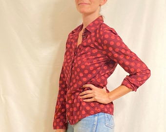 Red & Pink Polkadot Print Button-Up Collared Shirt