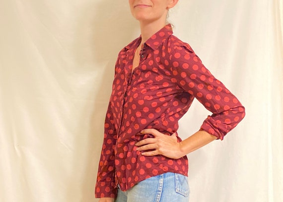 Red & Pink Polkadot Print Button-Up Collared Shirt - image 1