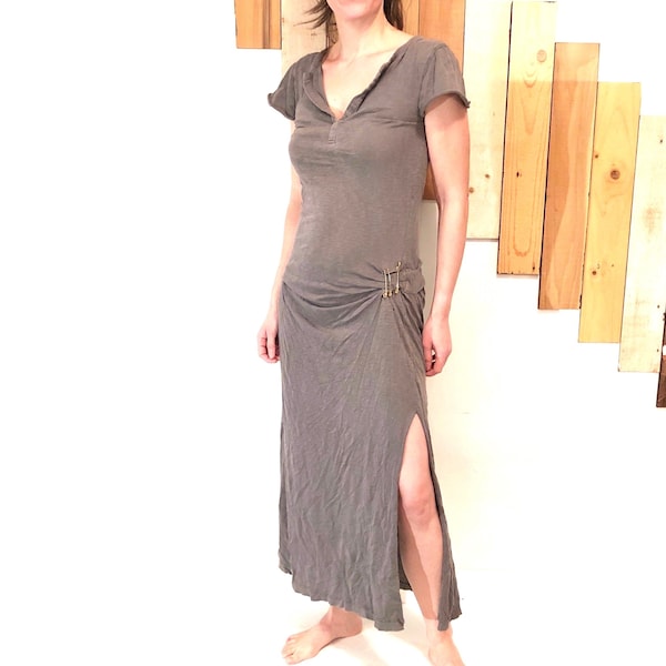 Floor-Length Jersey Cotton Gray Shirt Dress w/ Capped Sleeves, Henley Neckline, Side Slits & Decorative Safety Pin Ruching at Hip