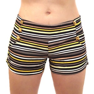 Multicolored Microstripe Disco Shorts with Brass Diamond-Cut Accent Studs and Front Pockets