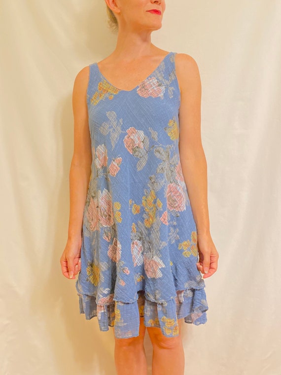 Blue Cotton Linen Floral Patterned Swing Sun Dress