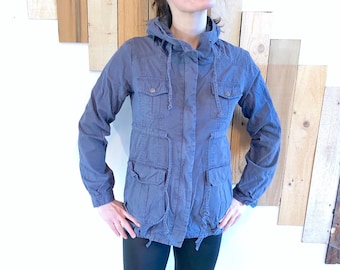 Four-Pocket Multi-Synch Hooded Blue Parka Jacket, 100% Cotton