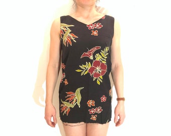 Floral Batik Black Sleeveless V-Neck Tunic Top