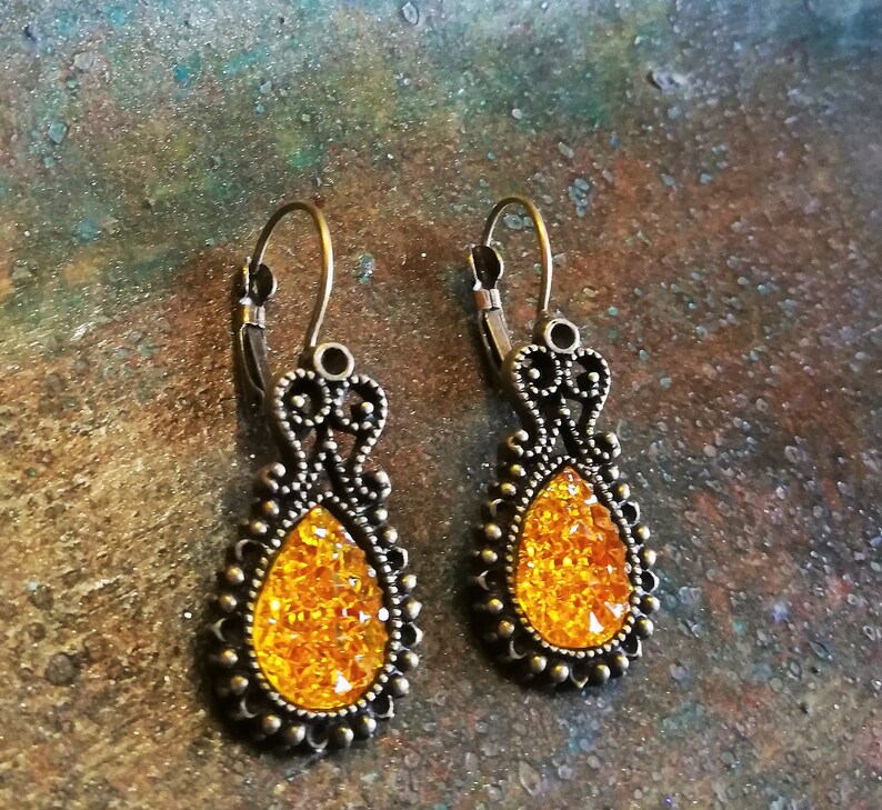 Gift for Mom Antique Bronze Teardrop Golden Topaz Rhinestone Lever back Earrings Topaz Stone Vintage Jewelry Citrine Crystal Earrings