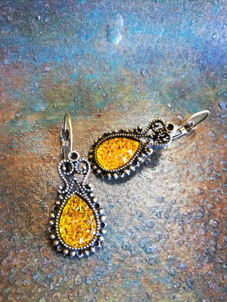 Gift for Mom Antique Bronze Teardrop Golden Topaz Rhinestone Lever back Earrings Topaz Stone Vintage Jewelry Citrine Crystal Earrings