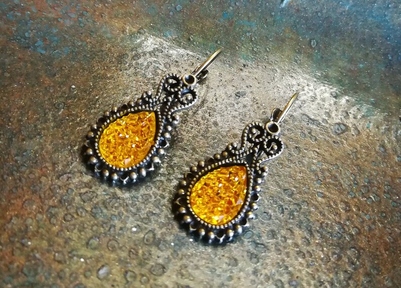Gift for Mom Antique Bronze Teardrop Golden Topaz Rhinestone Lever back Earrings Topaz Stone Vintage Jewelry Citrine Crystal Earrings
