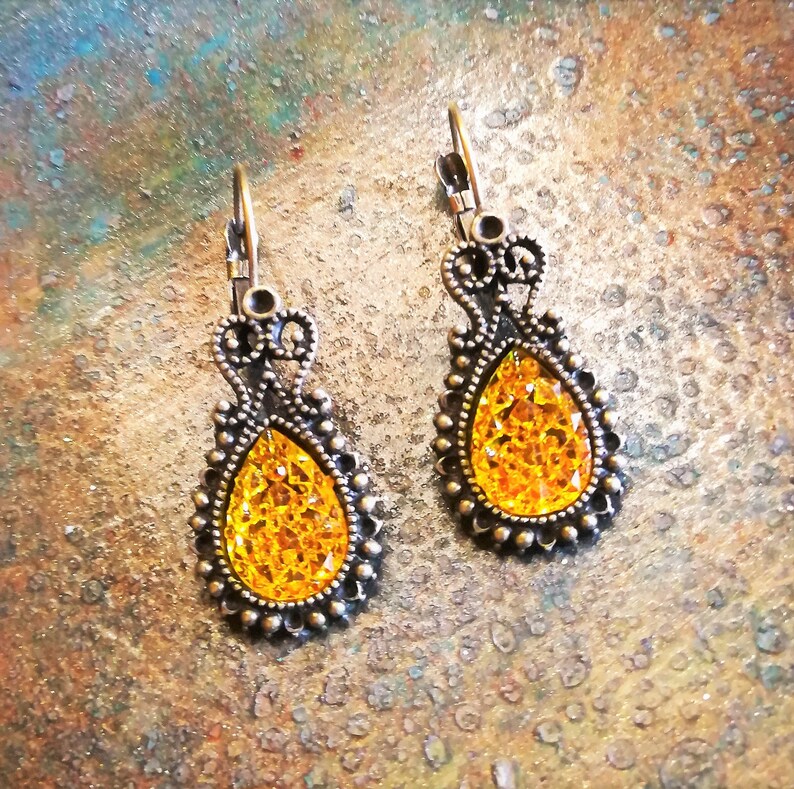 Gift for Mom Antique Bronze Teardrop Golden Topaz Rhinestone Lever back Earrings Topaz Stone Vintage Jewelry Citrine Crystal Earrings