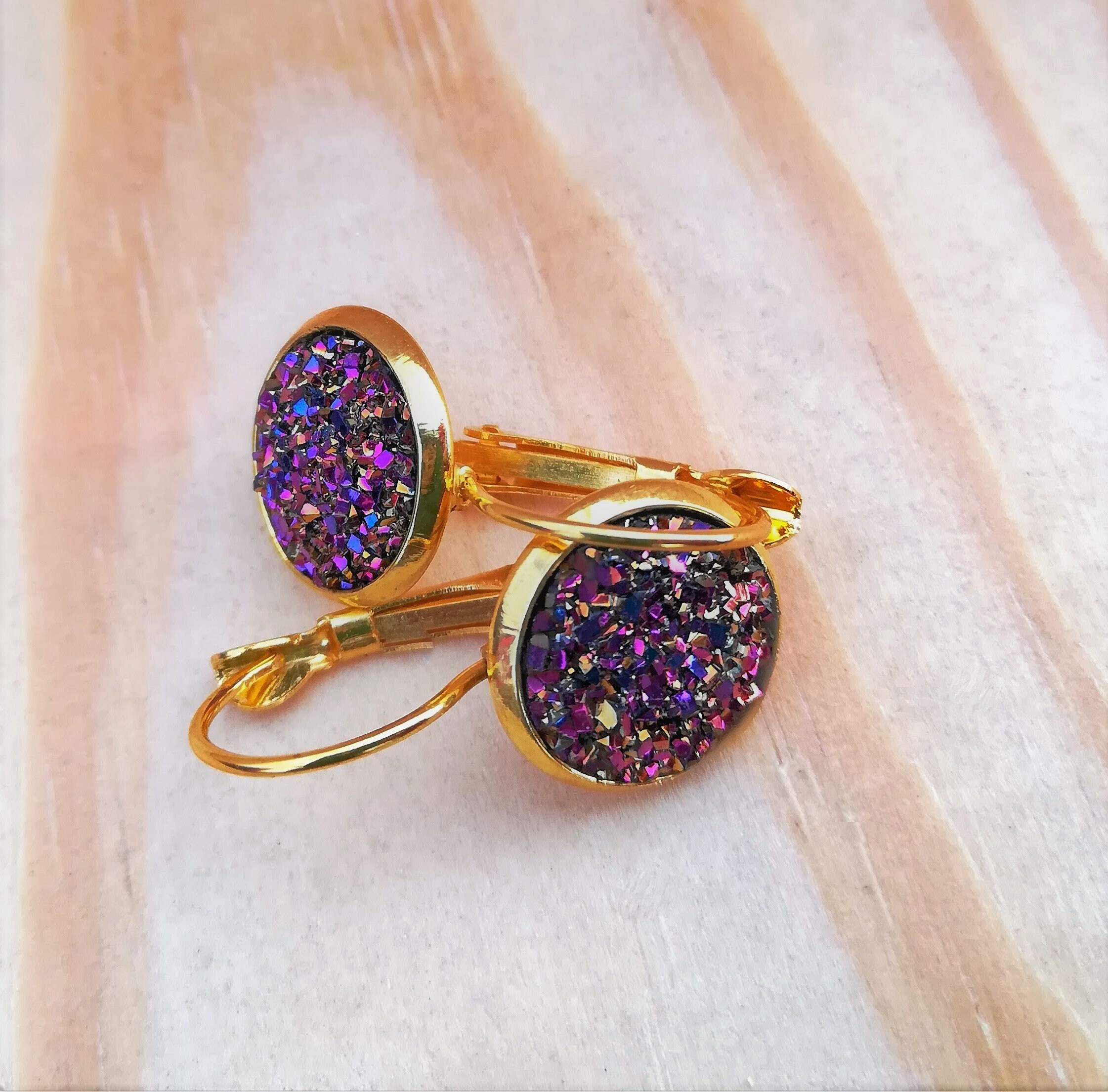 Purple Earrings Pink Earrings Gold Jewelry Vibrant Druzy | Etsy
