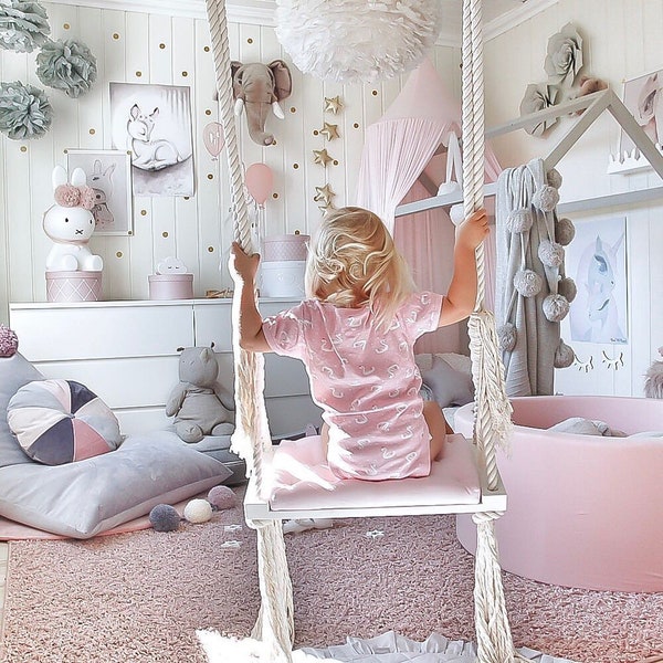 Kids indoor swing. Kiigik fairytale cloudcatcher kids swing with powder pink cushion. Birthday and christmas present toddler and children