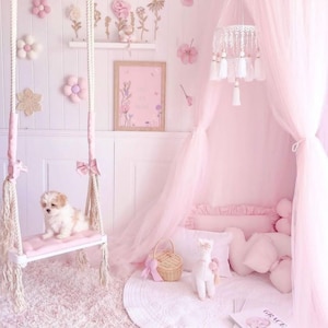 Indoor kids swing " Princess Cloud Catcher". Kiigik fairytale design swing with powder pink cushion and bows.