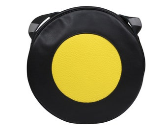 Round leather handbag Yellow black shoulder bag Unique handmade bag Leather circle bag Round black purse Zipper bag Round crossbody bag
