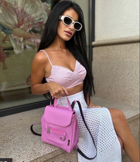 Mini sac à dos en cuir rose clair Joli petit sac en cuir