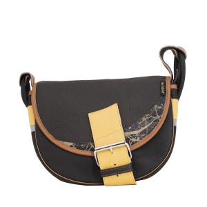 Bolso marrón con lengüeta amarilla, Bolso marrón de hombro y bandolera, Bolso de hombro con estilo, Monedero hecho a mano