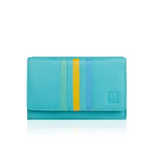 Portefeuille pour femme en cuir bleu - Design éclatant avec intérieur multicolore, fentes pour cartes, poche pour monnaie et fermoir à pression