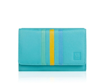 Portafoglio da donna in pelle blu – Design vivace con interno multicolore, scomparti per carte, portamonete e chiusura a scatto.