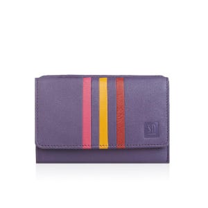 Cartera de piel morada para mujer: diseño llamativo, ranuras para tarjetas, bolsillo para monedas, cierre a presión y compartimentos funcionales