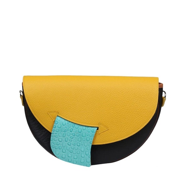 Gelbe Leder Damenhandtasche Runde Halbmond Tasche Clutch Tasche